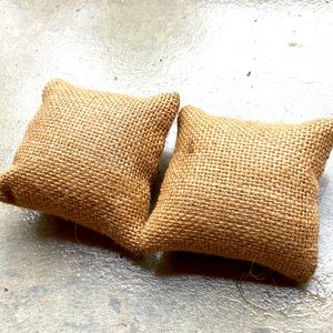 Two natural burlap miniature pillows. 3 inch square.